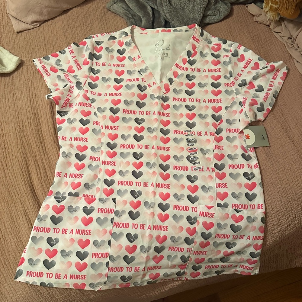 Mauve Heart Print Nurse Top - Pink, Gray, White
